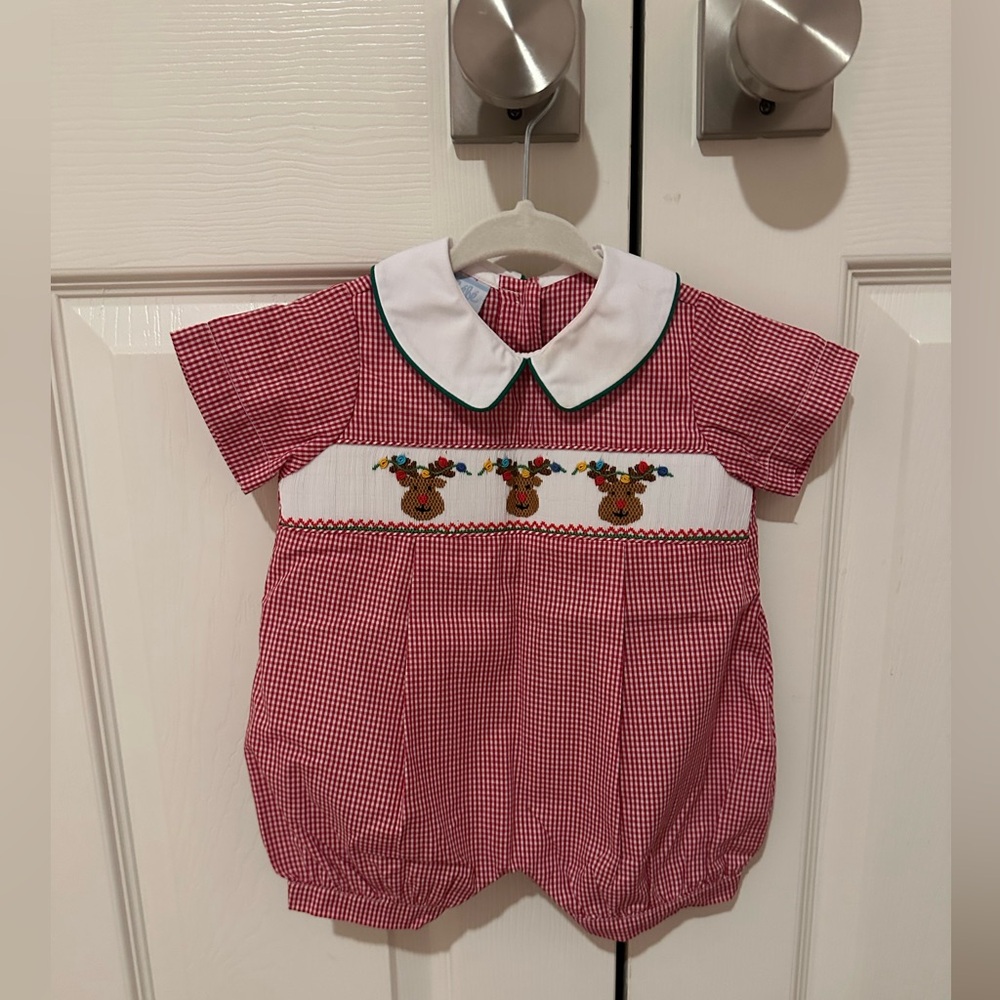 Petit Bebe Smocked Holiday Red and White Romper - 3 Months